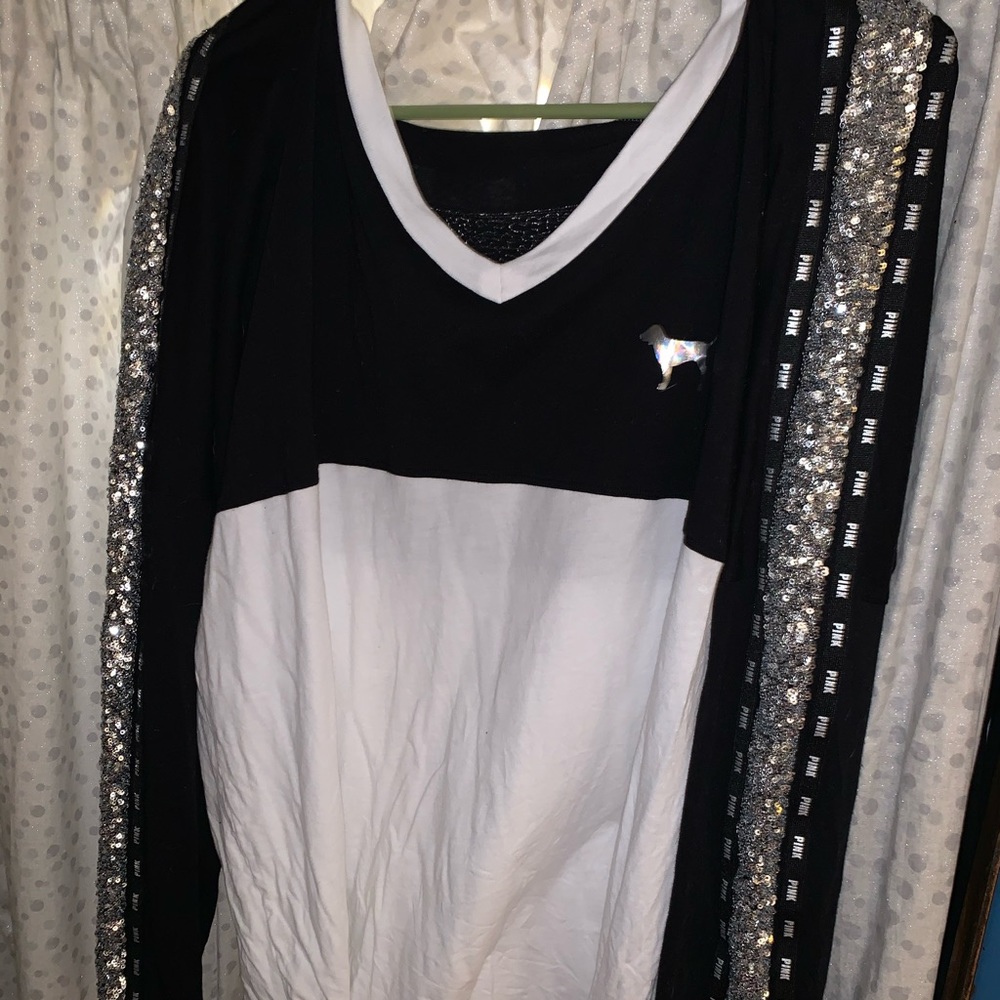 Pink black and white long sleeve sequins top